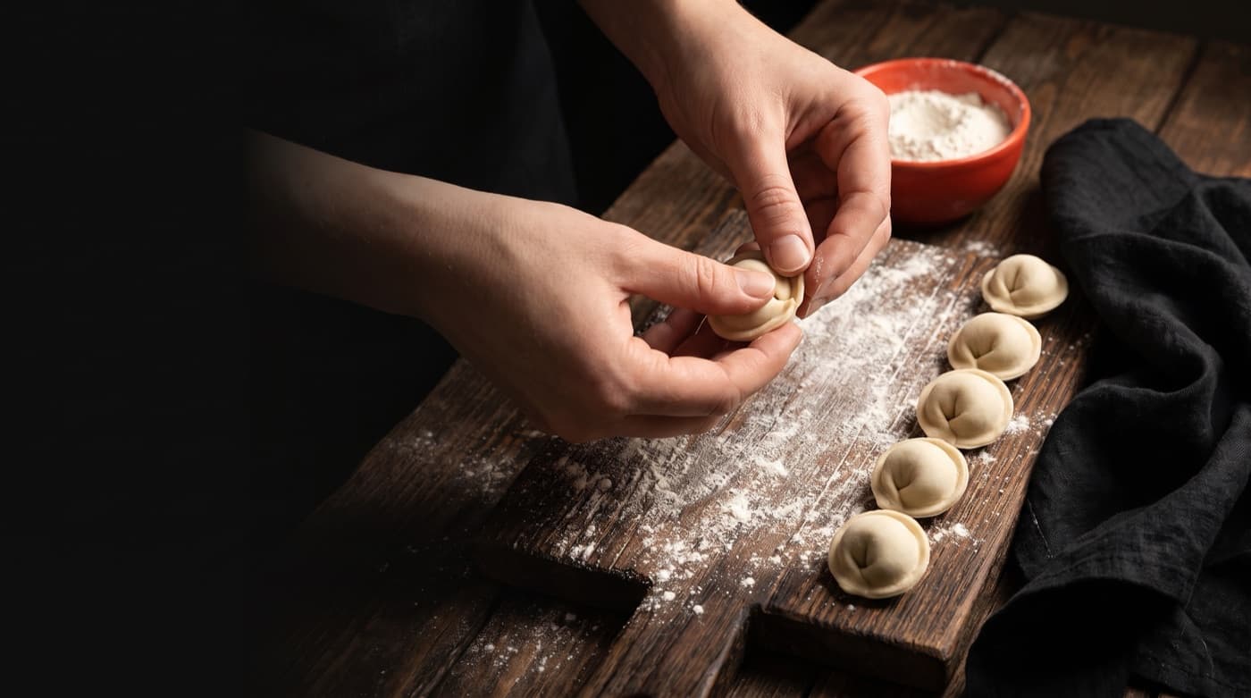 Hands pinching a pelmeni closed on a floured board