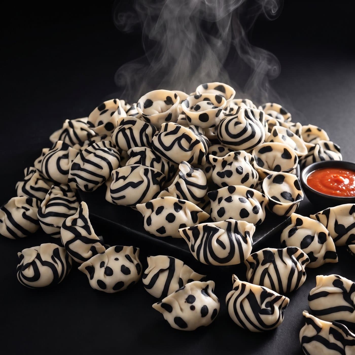 Viki’s black-and-white patterned dumplings, steaming